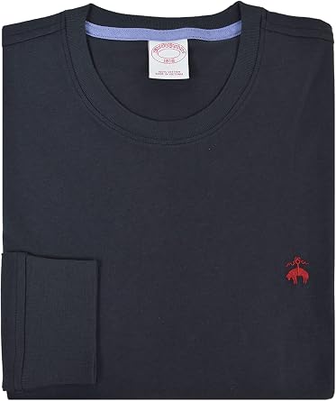 Brooks Brothers Mens All Cotton Golden Fleece Embroidery Solid Long Sleeve Crewneck Tee T-Shirt 185885 Navy Blue/Red Logo, Medium