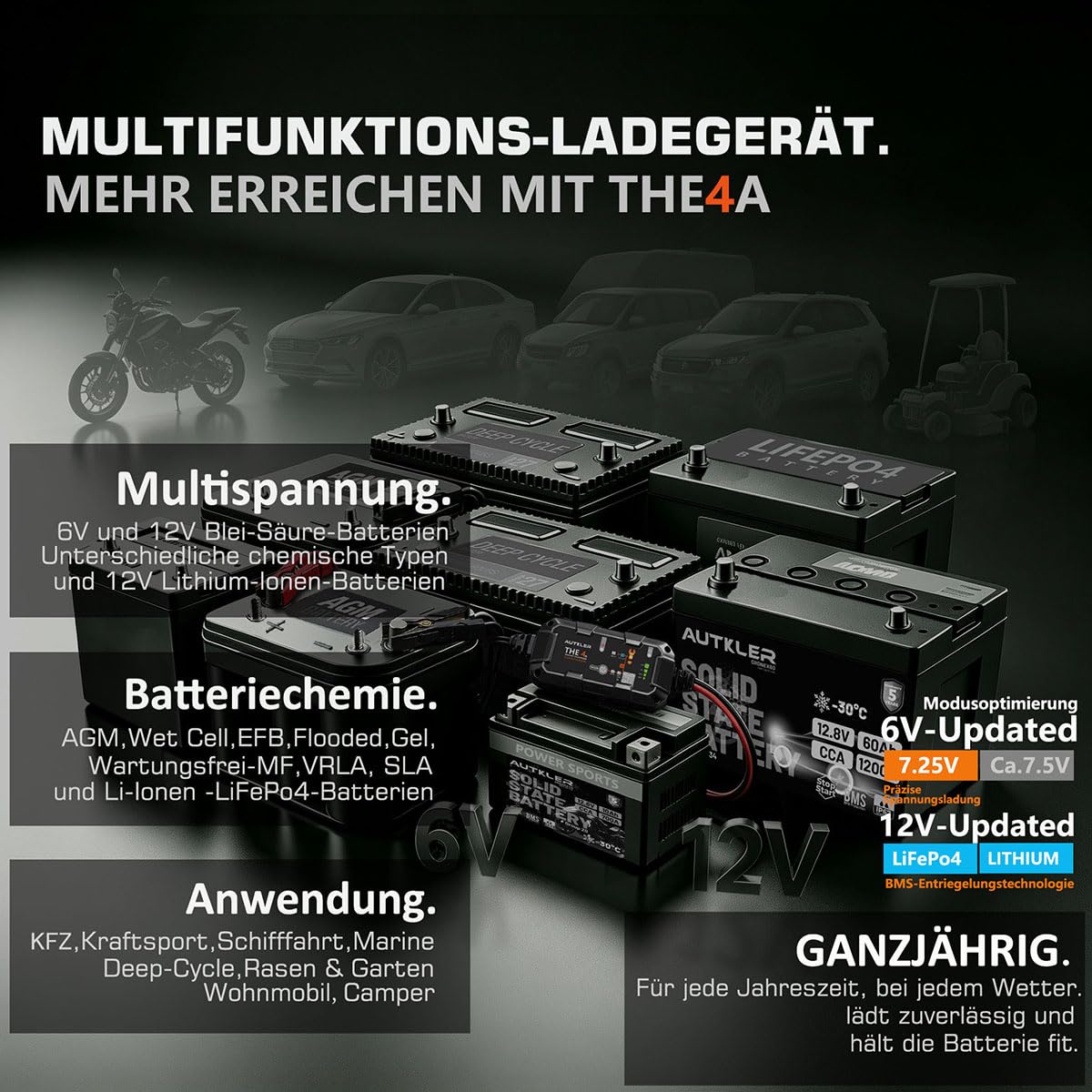 THE4a Vollautomatisch KFZ Batterieladegerät 6V 12V mit Reparatur,2A/4A | Entsulfator,Temperaturkompensation,Erhaltungsladegerät für 8-120AH AGM,Wet,GEL,MF Blei-Säure & Lithium LFP-Batterien