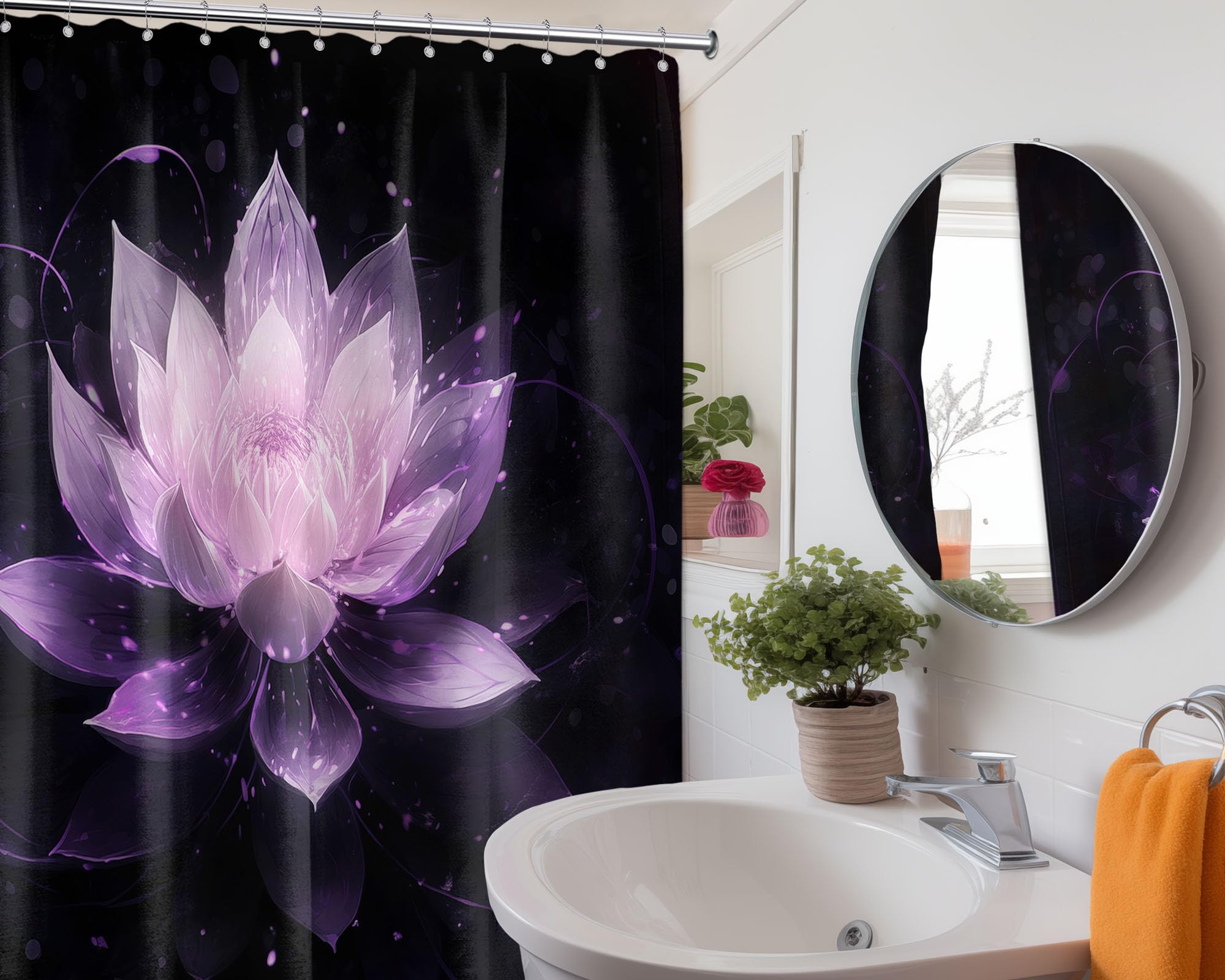 LanZanthic Lotus Shower Curtains for Bathroom Black and Purple Floral Spa Zen Wet Room Shower Curtain with hooks - Image 3