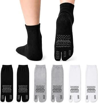 Split Toe Tabi Socks with Anti-Slip Grip Dots, Athletic Cotton Crew Length Quarter Ankle Two Toe Socks for Men and Women, 3 Pack Black White Gray