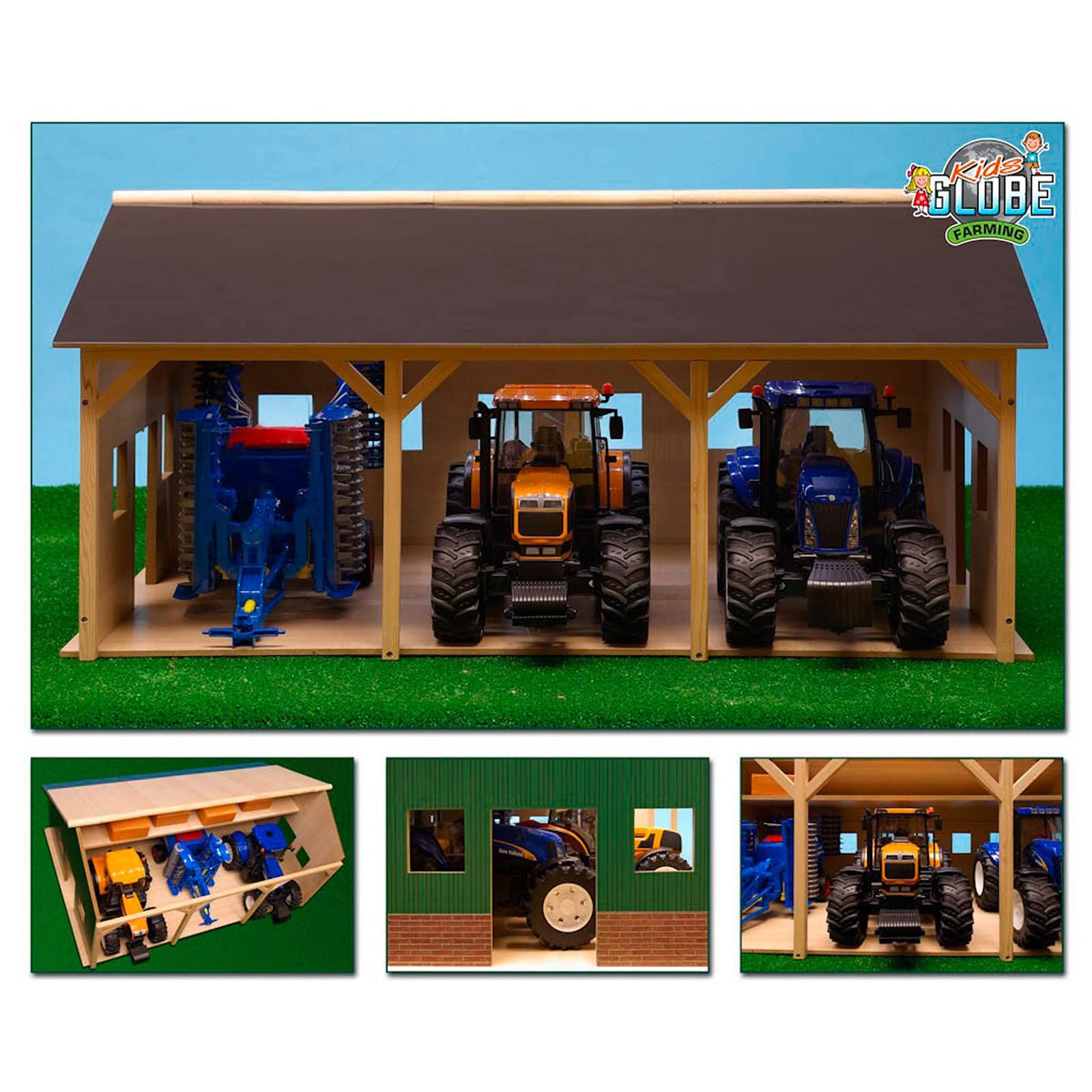 DEMA Kids Globe Spielzeug Holz Bauernhof Schuppen Garage für 3 Traktoren Traktor 78x55x38 cm