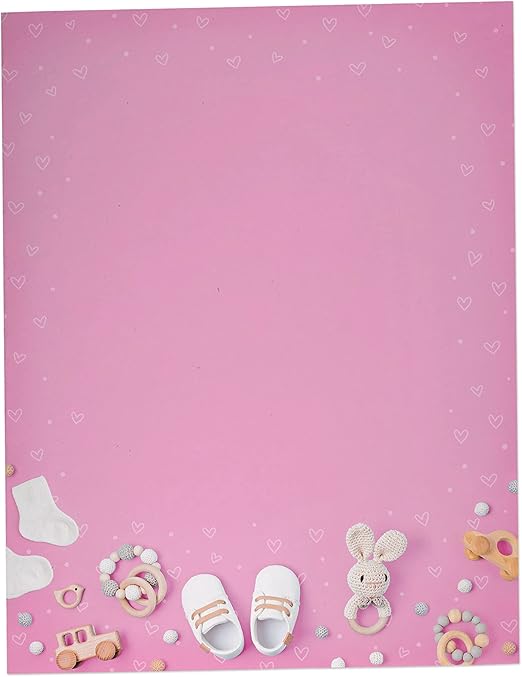Classic Gifts Baby Stationary Paper - 60 Sheets - Great for Baby Shower Invitations, Announcements, Letters, Thank You (Pink)