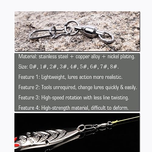 Vista 9 de AMYSPORTS Duo Lock Snap Pesca Giratorios Barril de Acero Inoxidable Señuelo de Pesca Giratorios Rodamiento de Bolas Giratorios Aparejos de Pesca
