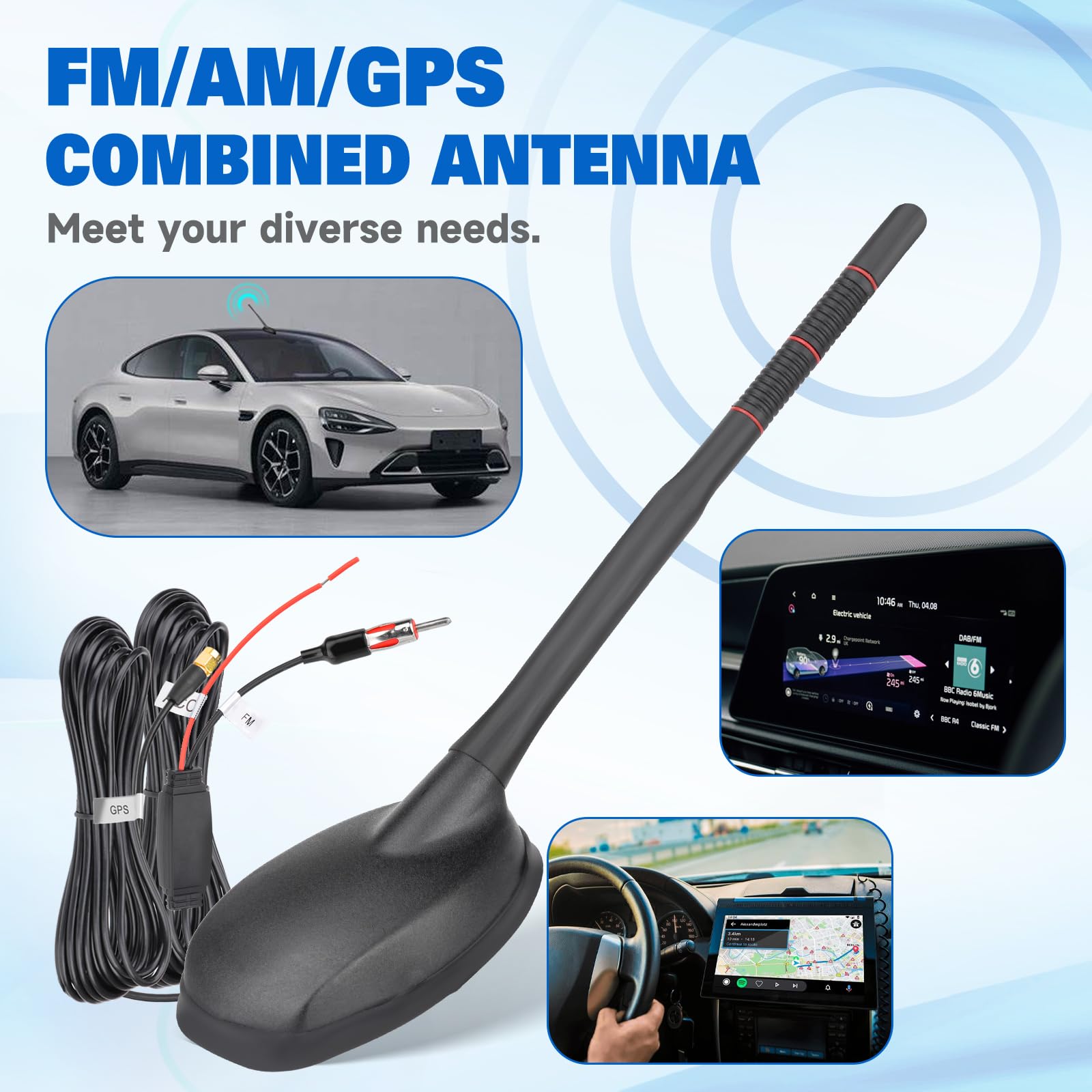 Eightwood Antenne de Toit GPS FM/AM Antenne autoradio Active avec amplificateur Câble d'extension de 5 m pour Tuner Radio numérique Pioneer Blaupunkt Pioneer Clarion Kenwood Alpine