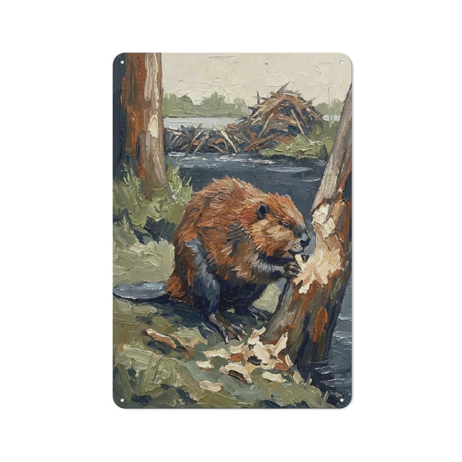 Junmoney Style-14 Beaver Gnawing On A Tree Trunk Rustic Metal Sign 30X20cm For Garden Room Or Summerhouse, For Summerhouse Decorators