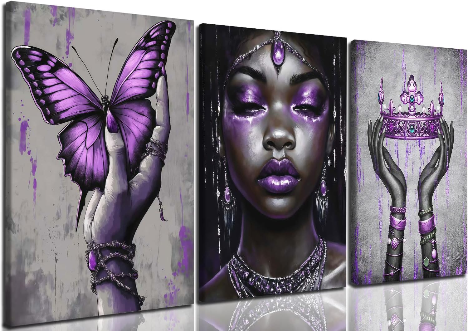AUFDASORT 3 Pcs African American Woman Canvas Wall Art, Modern Purple Queen Portrait with Butterfly and Crown, Gallery Wrapped Wall Decor for Bedroom Living Room Bathroom, 12x16 Inch, Ready to Hang