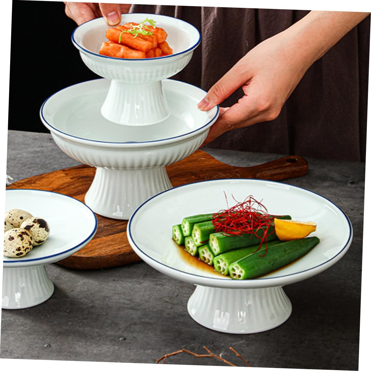 Cabilock Ceramic Tall Fruit Bowl Foot White Glazed Multi-purpose Party Bowl Fruit Vegetable Storage Serving