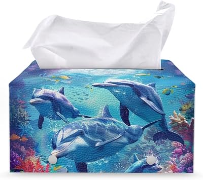 Dolpin Rectangle Tissue Box Cover Leather Rectangular Tissue Box Waterproof Tissue Cover Holder Decorative Organizer for Bathroom Vanity Countertop Kleenex Holder Napkin Dispenser