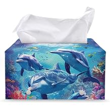 Dolpin Rectangle Tissue Box Cover Leather Rectangular Tissue Box Waterproof Tissue Cover Holder Decorative Organizer for Bathroom Vanity Countertop Kleenex Holder Napkin Dispenser