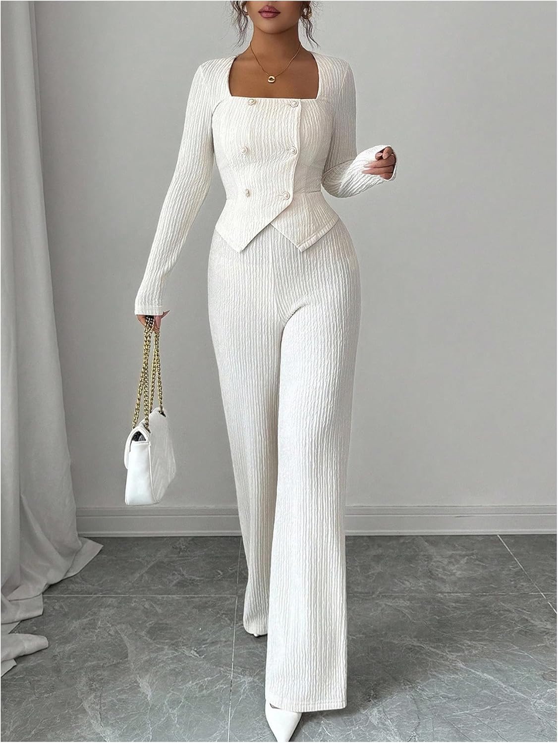 SweatyRocks Women's 2 Piece Outfits Square Neck Button Front Long Sleeve Top and Straight Leg Pants Sets - Image 5