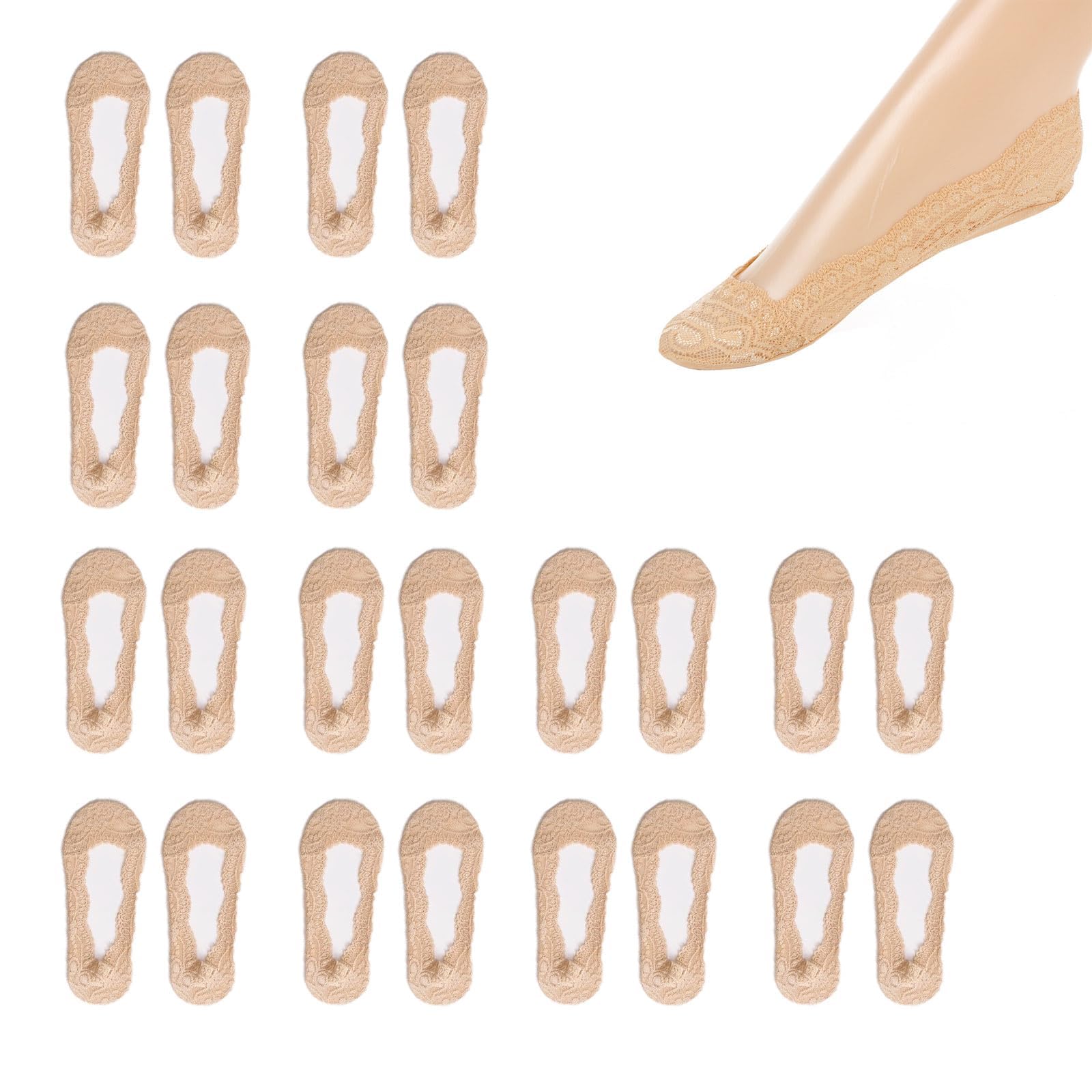 JEOPKO12 Pairs Invisible Socks,No Show Socks Women Sock Shoes Summer Thin Lace Stockings Invisible Socks Women Cotton Soled Silicone Anti Slip for Sneakers and High-Heel Shoes.