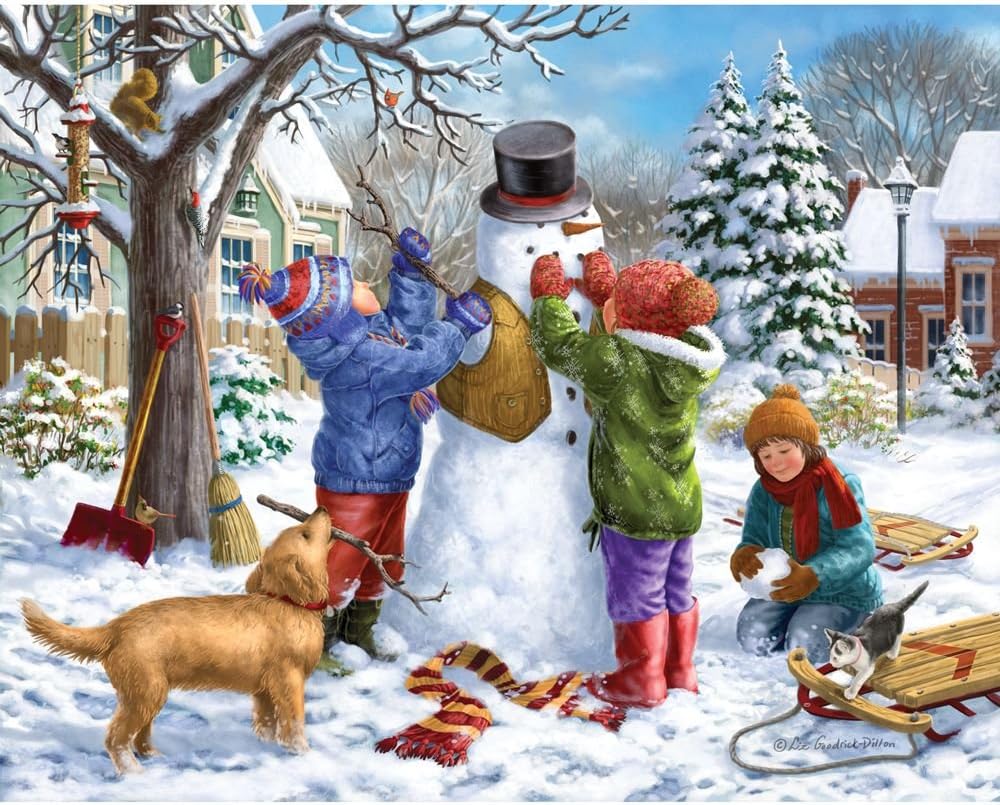 Bits and Pieces – Large 300 Piece Jigsaw Puzzle for Adults – Building a Snowman on a Snow Day - Winter Scene Jigsaw Puzzle by Artist Liz Goodrick - Dillon, Completed Puzzle Size: 18" x 24"