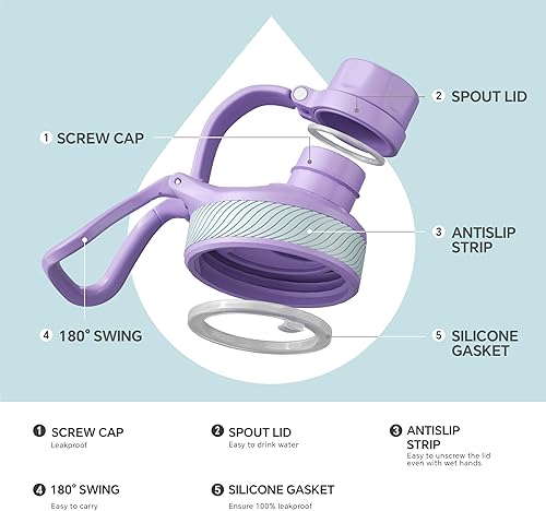 Miniatura 6 de IDEUS Botella de agua aislada de acero inoxidable con 2 tapas a prueba de fugas, termo para senderismo, ciclismo, 24 onzas, violeta