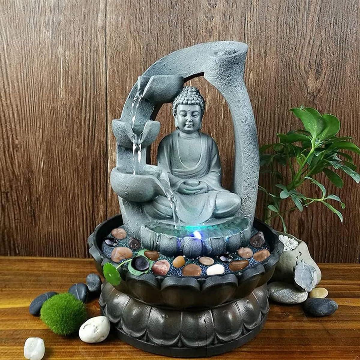 Surprizon Grey 11.8In Buddha Tabletop Waterfall Fountain Fengshui Meditation Relaxing Indoor Decoration, Waterfall Kit With Circular Water Flow For Home, Office, Bedroom Decoration (11" × 8")