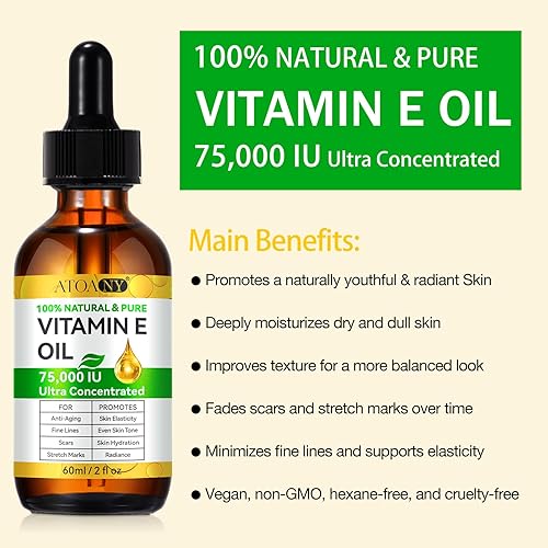 Miniatura 5 de Aceite de vitamina E 75,000 UI  Vitamina E natural 100% pura para piel, cara, cabello, cicatrices  Aceite corporal hidratante profundo para piel
