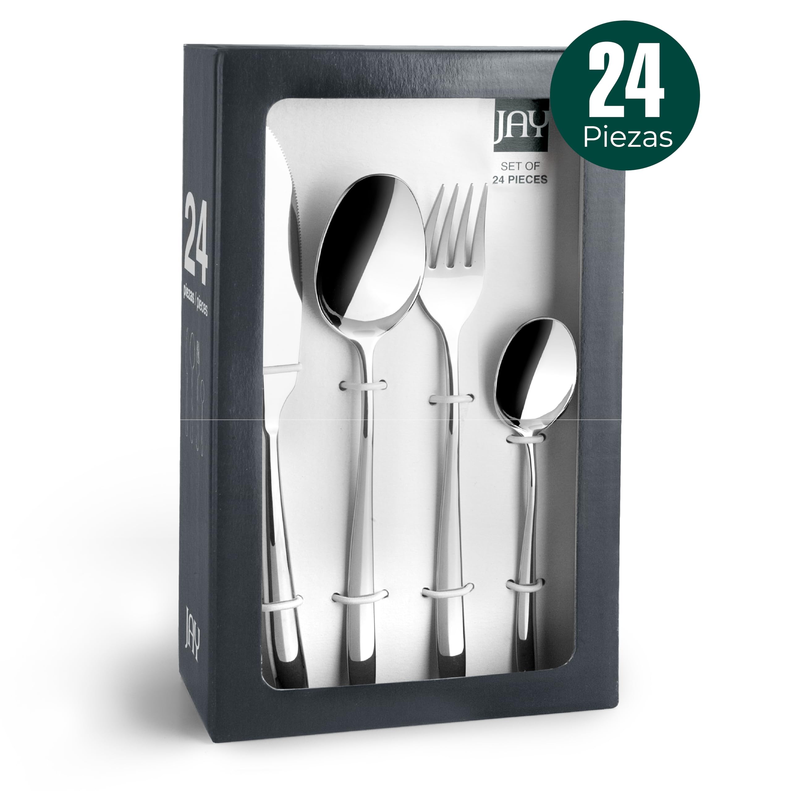 JAY - 16080524 - Juego de Cubiertos para 6 Personas, Pack 24, Acero Inoxidable 18/10, Serie Ópalo, Grosor 4 mm, Cuchara, Tenedor, Cuchillo y Cucharilla Aptos para Lavavajillas, Plateado