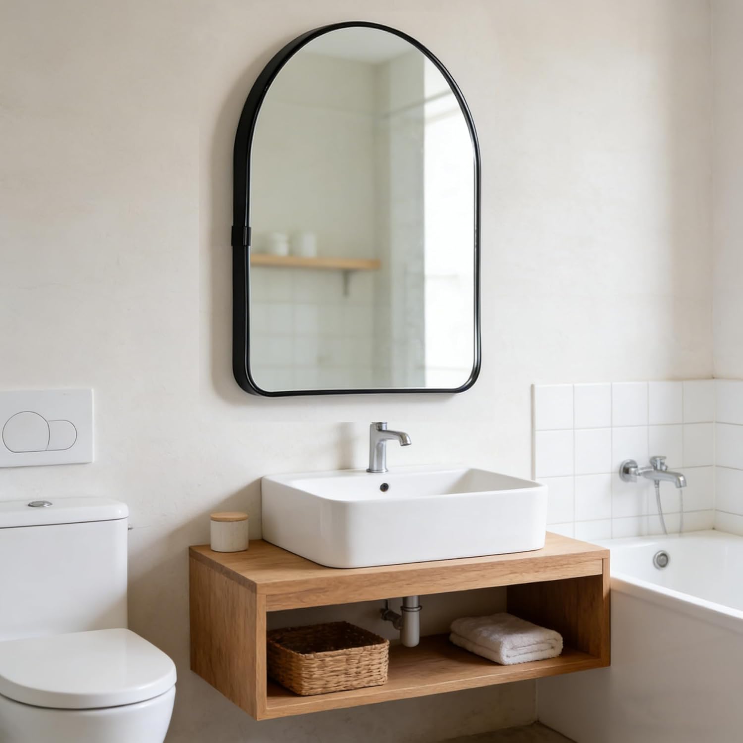 Funly mee Arched Wall Mirror, 15.8 x23.6 inches, Wall-Mounted Plastic Mirror, for Bathroom and Vanity (Black)