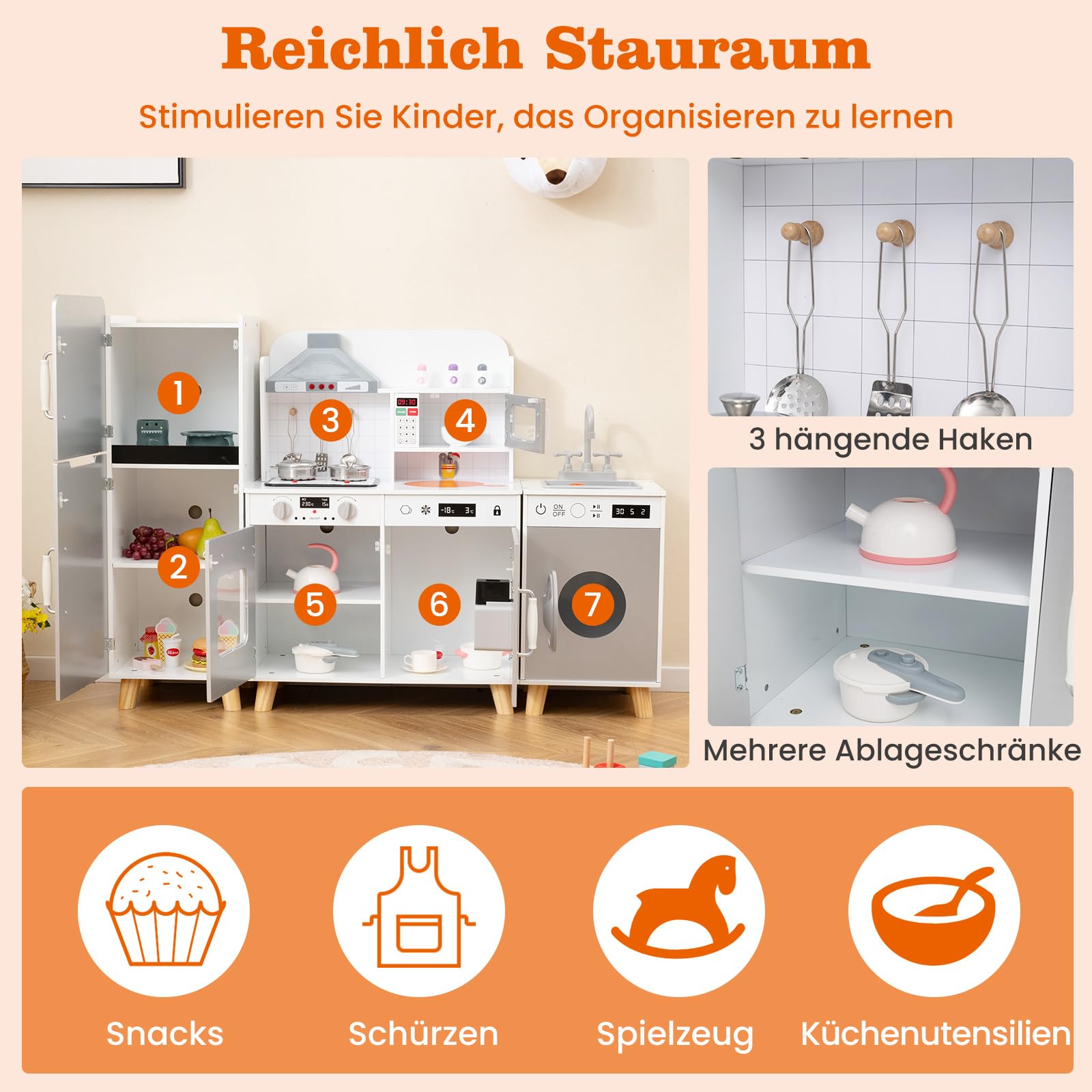 DREAMADE Kinderküche Holz mit Zubehör, Kinder Küche mit Herd Spüle Backofen Waschmaschine, Kinderspielküche mit Licht & Sound, Spielküche für Kinder ab 3 Jahren (Grau)