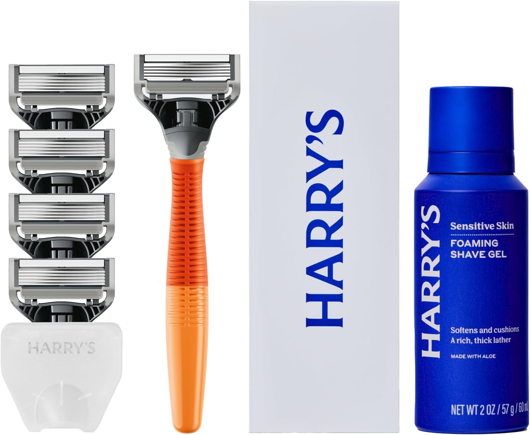 Original Shaving Kit for Men - Razor Handle, 5 Razor Blade Refills, Foaming Shave Gel, and Travel Blade Cover - TSA Approved Travel Essentials - German Engineered - Ember