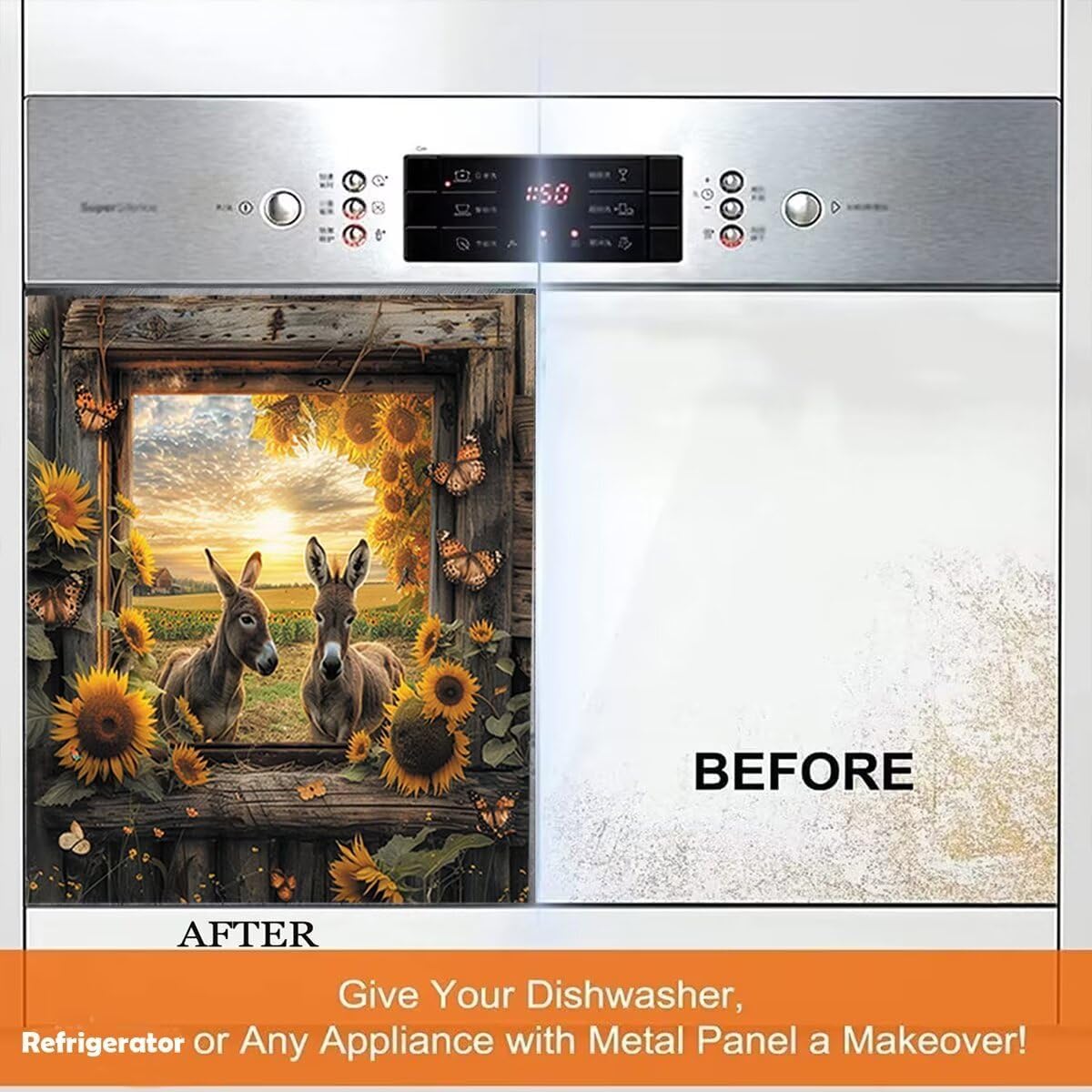 Magnetic Farm Donkey Dishwasher Cover,Farmhouse Window Sunflower Dishwasher Magnet Decal Panel Cover for Front, Country Sunset Fridge Sticker Cover, Kitchen Appliances Magnet 23"x26"