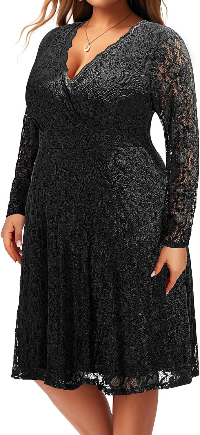 Women Plus Size Wedding Guest Dresses Cocktail Black Wrap Lace Fall Formal Long Sleeve Knee Length Evening Party Dress - Image 2