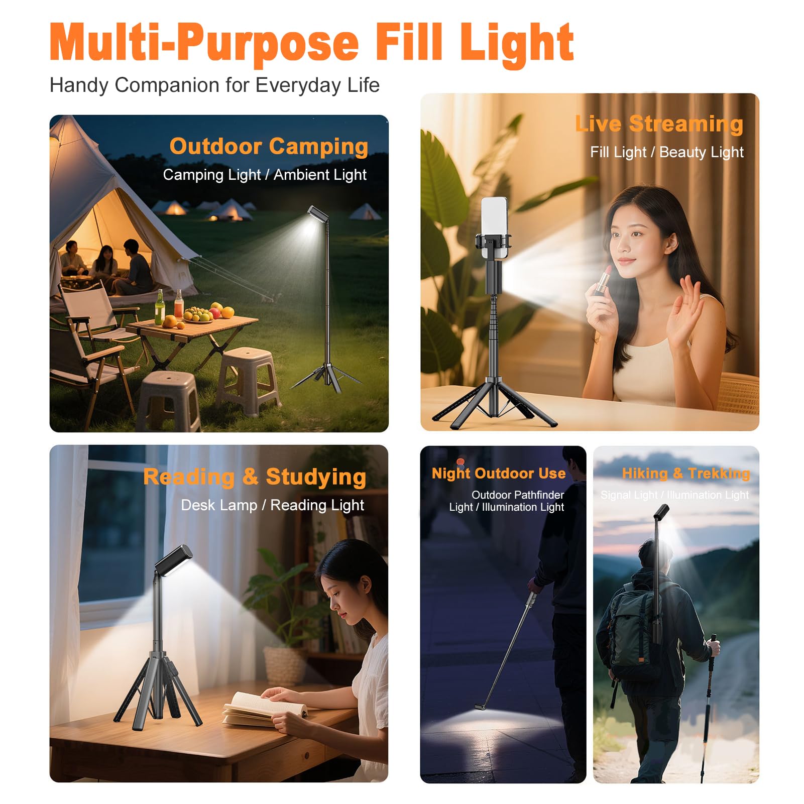 Tosuny Treppiede per Selfie Stick a 4 Gambe, Supporto per Telefono Estensibile in Lega di Alluminio con 27 Luci di Riempimento a LED e Telecomando BT, Compatibile con Smartphone da 4,7
