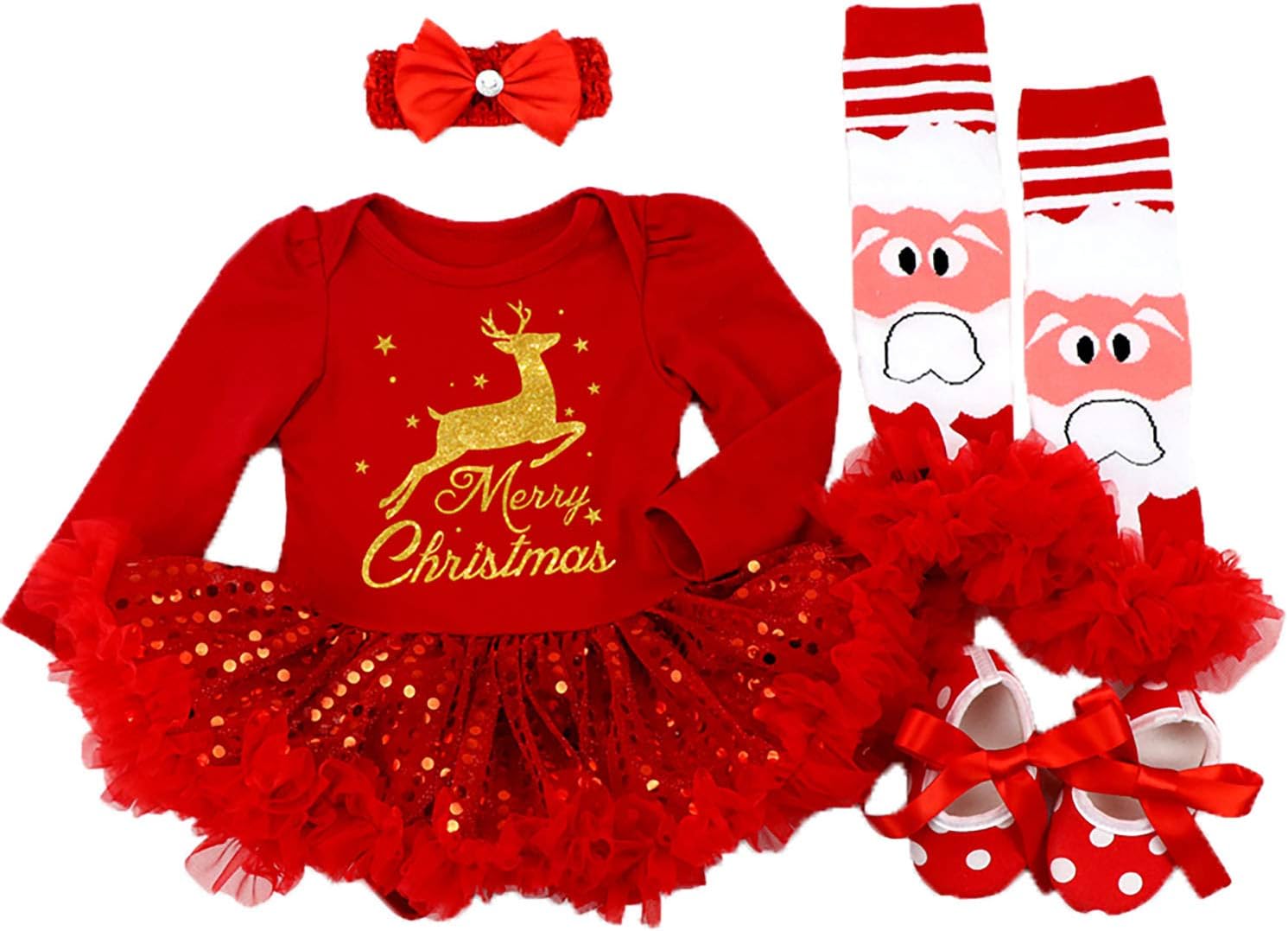 BabyPreg Baby Girls My First Christmas Santa Outfit Party Dress 4PCS