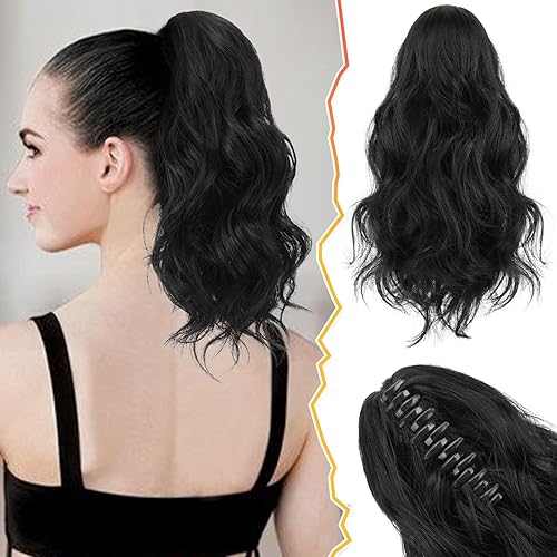 BARSDAR Extensión de cola de caballo negra  Extensiones de cabello con clip de garra para mujer, 14 pulgadas, corto, ondulado, suave, sintético,