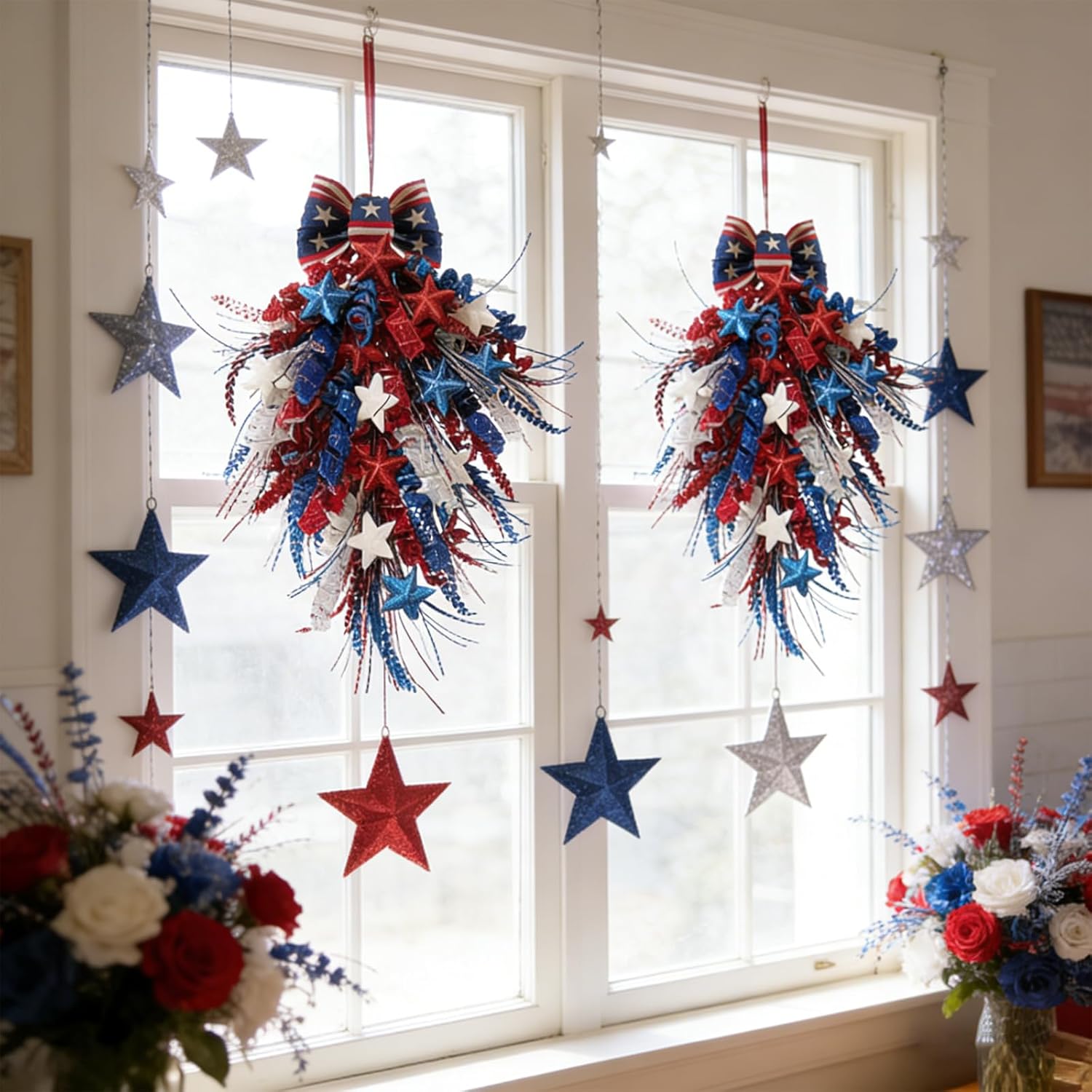 Idyllic 2 Pcs Red White and Blue Glitter Patriotic Swag with Stars & Double Bow | Sparkling 4th of July Memorial Day Front Door Hanging Decor