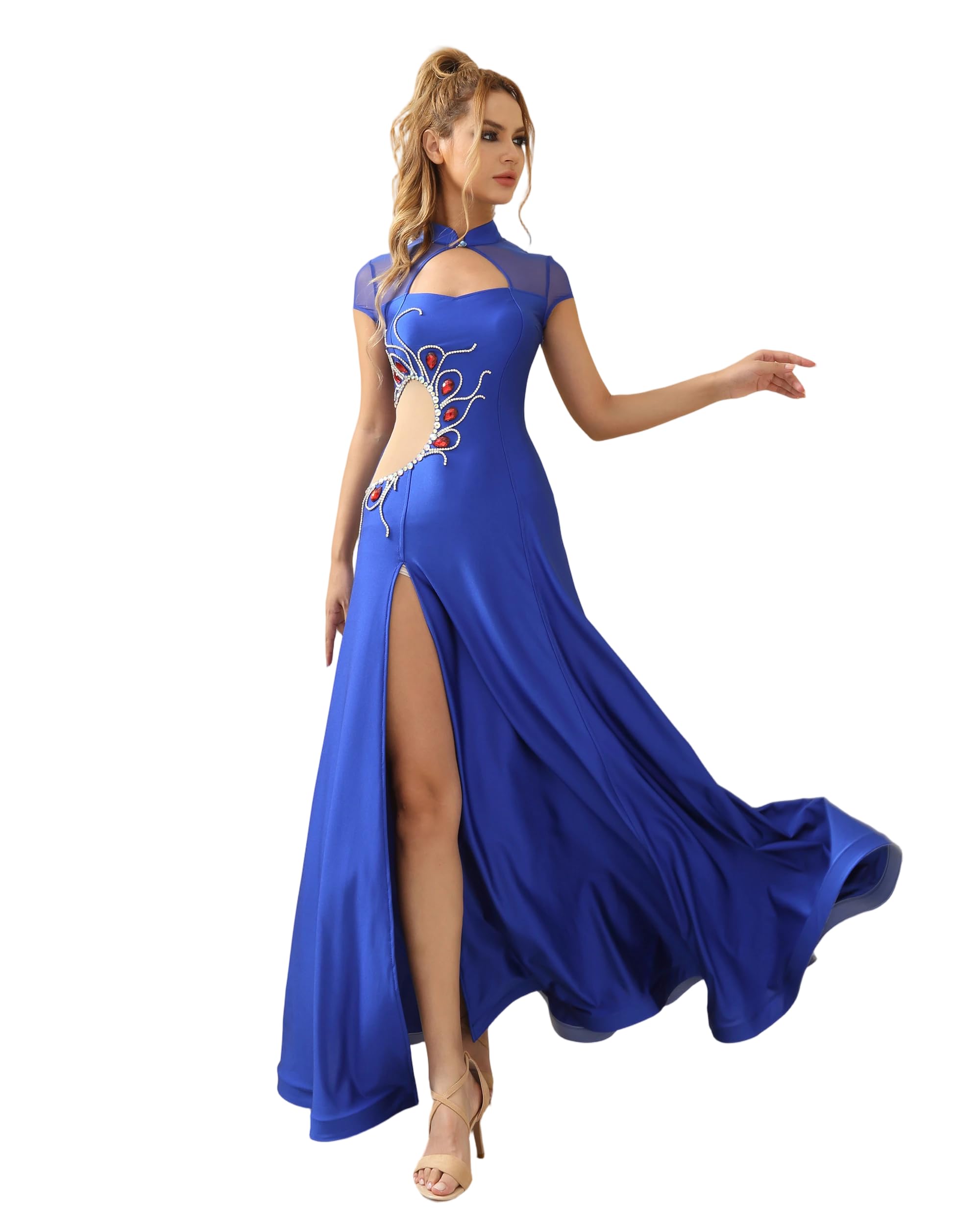 ROYAL SMEELA Vestido de Danza del Vientre Azul Mujer,Vestidos de Danse orientale con Strass, Traje de Bailarina del Vientrecon Mangas Cortas