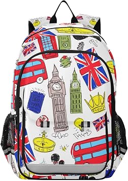 DOMIKING London Landmark White Kids Backpack for Boys Girls School Backpack for Preschool Middle School Laptop Backpacks Bookbag for Toddler Women Work Travel