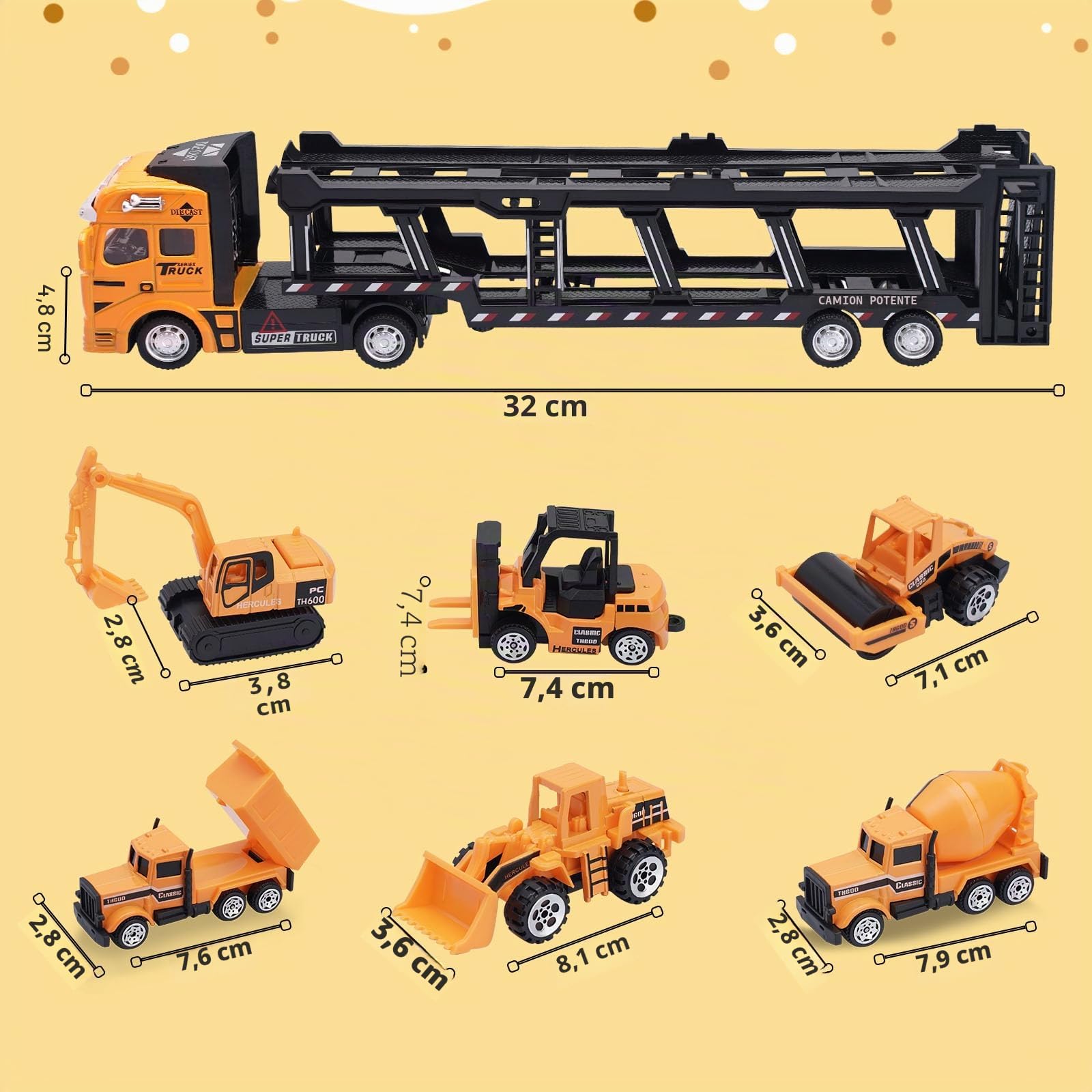 VBACALA Auto Trasportatore Giocattolo 7 Pezzi Set-Mini Cantiere Veicoli Camion, Diecast Tirare Indietro Auto in Metallo, Escavatore Giocattolo per Bambini 3+ Anni,Giocattoli Educativi