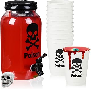 Umigy 1 Gallon Halloween Drink Plastic Beverage Dispenser with 20 Pcs 12 oz Paper Cups Pirate Skull Kitchen Decoration Beverage Water Dispenser with Spigot for Juice Beer Halloween Party Supplies