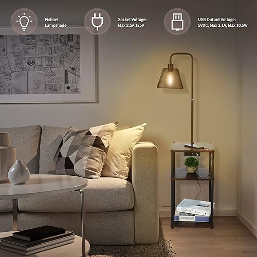 Miniatura 9 de Lámpara de pie con mesa, lámpara Foor con estantes, mesa auxiliar con puerto de carga USB y tomacorriente, moderna mesita de noche con lámpara para