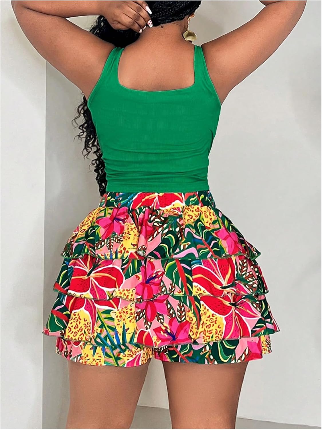 SOLY HUX Women's Plus Size 2 Piece Summer Vacation Outfits Floral Print Tank Tops and Ruffle Layered Shorts Set - Image 2