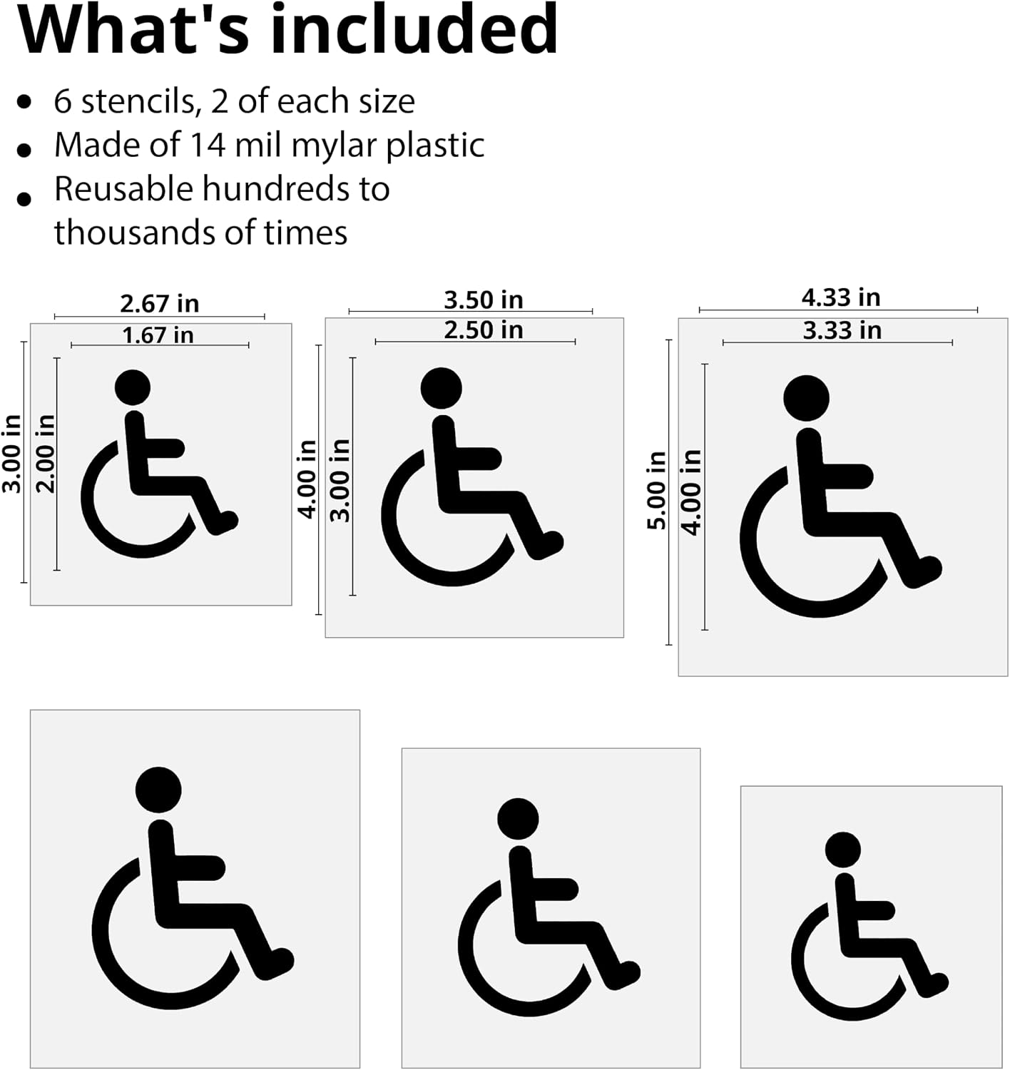 Stencil Stop Handicap Stencil - Reusable for DIY Projects, Painting, Drawing, Crafts - 14 Mil Mylar Plastic (2", 3", and 4", 2 Each)