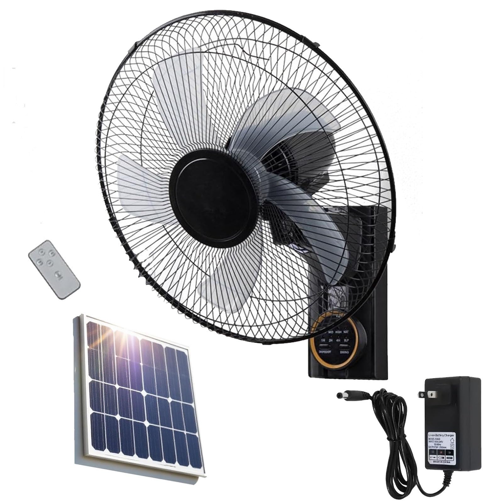 Ventilateur Solaire Mural Silencieux Télécommande, 3 Vitesses Oscillant Avec Minuterie, Inclinaison Réglable, Intérieur Extérieur, Panneau Solaire Ou Prise