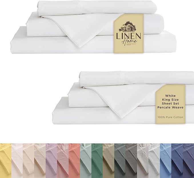 Linen Home 100% Cotton Percale Sheets Queen Size, White, Deep Pocket, 4 Pieces Set - 1 Flat, 1 Deep Pocket Fitted Sheet and 2 Pillowcases, Crisp Cool and Strong Bed Linen
