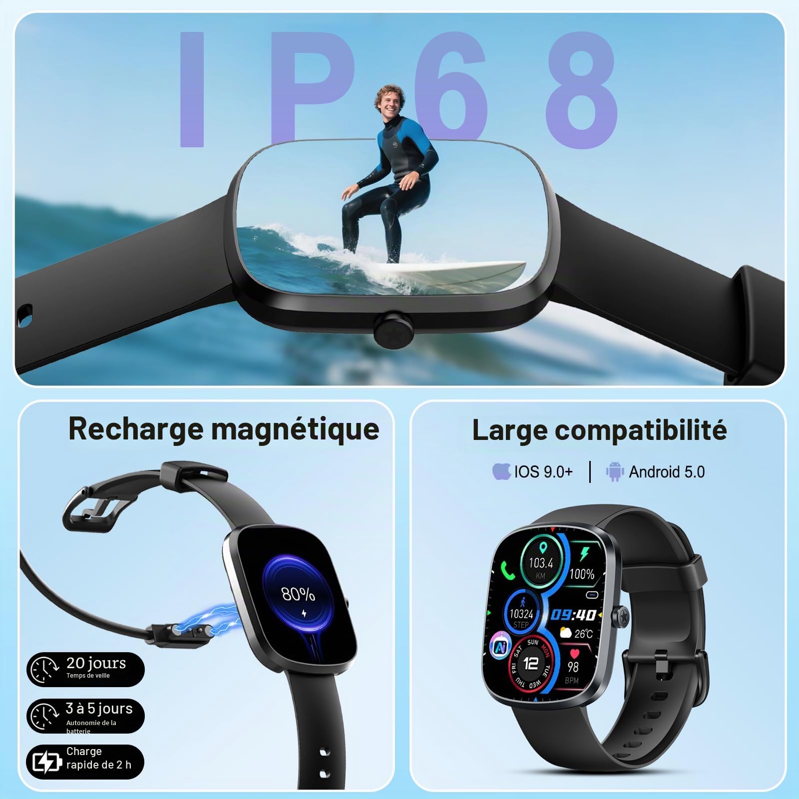 IA Montre Connectée Homme Femme avec ChatGPT, 1.91''Smartwatch avec Appel Bluetooth, Etanche IP68 Montre Sport Podometre Cardiofrequencemetre Sommeil, 120+Sportifs Montre Intelligente pour Android iOS