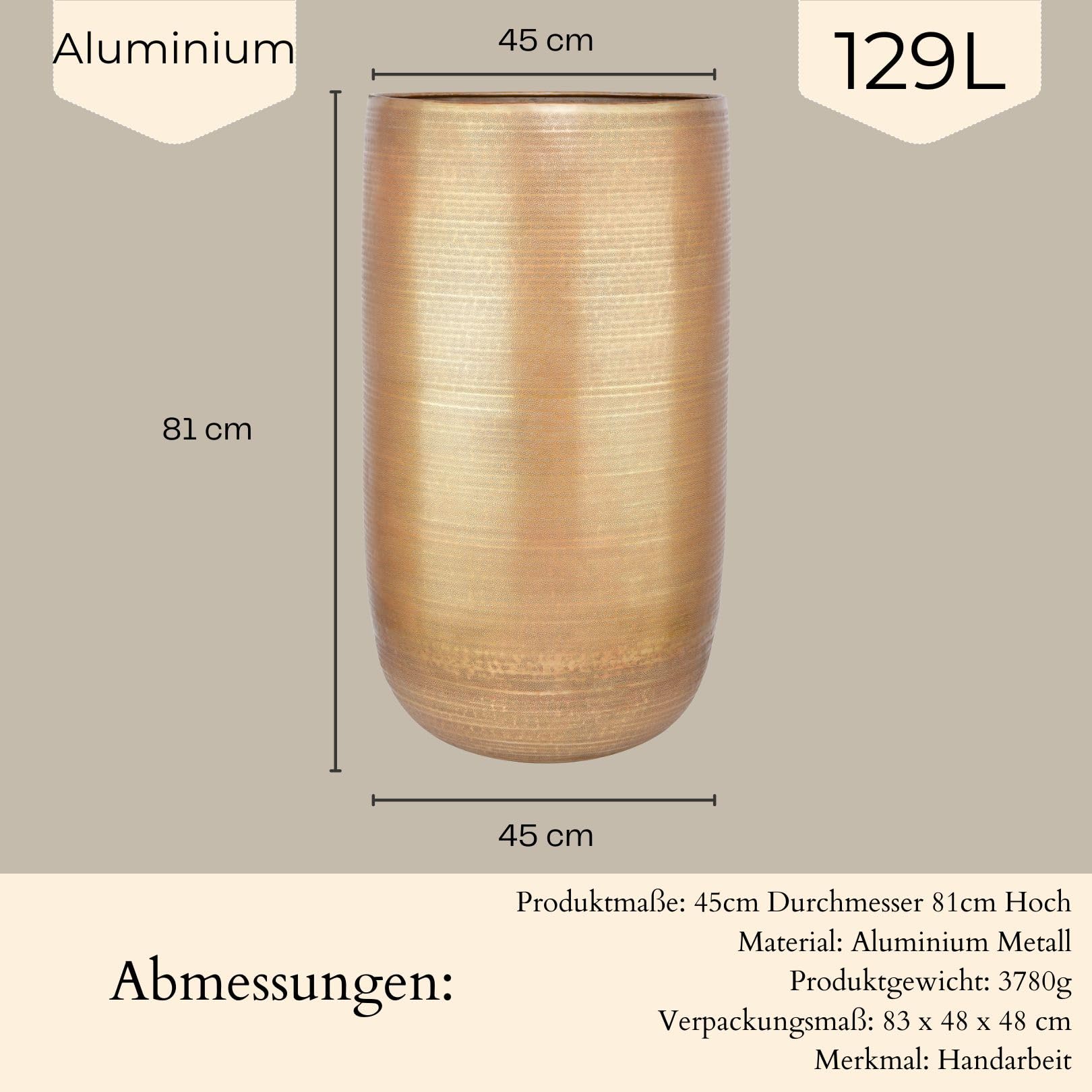 Marrakesch XXL aluminiowa donica na kwiaty, wazon podłogowy, 81 cm, złota, matowa, 129 l, duża, okrągła, do użytku na zewnątrz, do użytku wewnątrz i na zewnątrz, do ogrodu, na balkon i do salonu