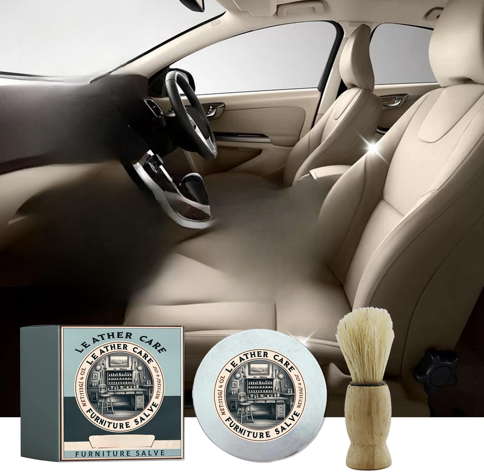 Furniture Leather Balm 113g with Brush, Car Leather Care Cream, Restores and Repairs, Long-lasting Protection, Cleans, Repairs, and Protects Leather Furniture, Jackets, Car Seats, and Sofas.
