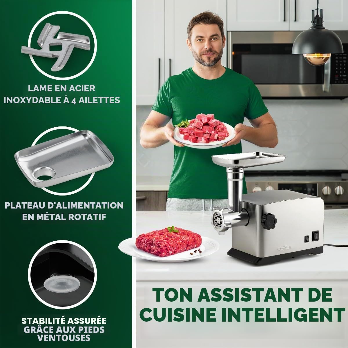 Profi Cook PC-FW 1272 Hachoir à viande électrique 1200 W avec embout pour biscuits/pâtisseries pulvérisées | 3 disques perforés en métal | marche avant et arrière | avec remplissage à saucisses | cou