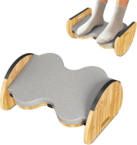 Miniatura 7 de Reposapiés ergonómico de bambú para debajo del escritorio, reposapiés mecedora reversible 2 en 1, reposapiés de oficina de 4 alturas ajustables,