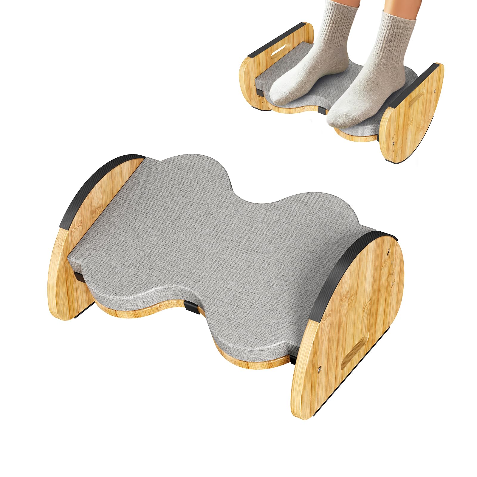 Ergonomische Bambus-Fußstütze unter dem Schreibtisch, 3-in-1 wendbare Schaukel-Fußstütze mit Fußpolstern 4 höhenverstellbare Höhen Bürofußhocker, große rutschfeste Oberfläche, verbessert die Haltung