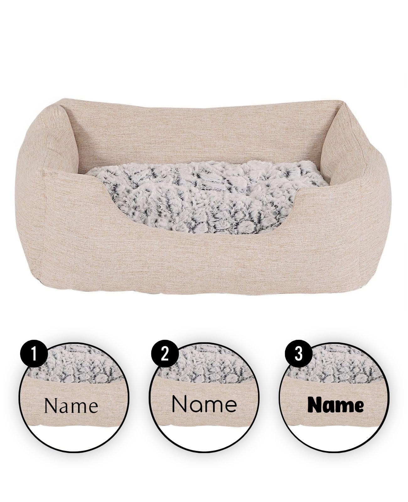lionto Panier pour Chien avec Coussin réversible Moelleux, lit Douillet pour Animaux au Design chiné avec entrée Basse, pour Chiens & Chats de Toutes Tailles, 110x80 cm, Beige (avec nom imprimé)