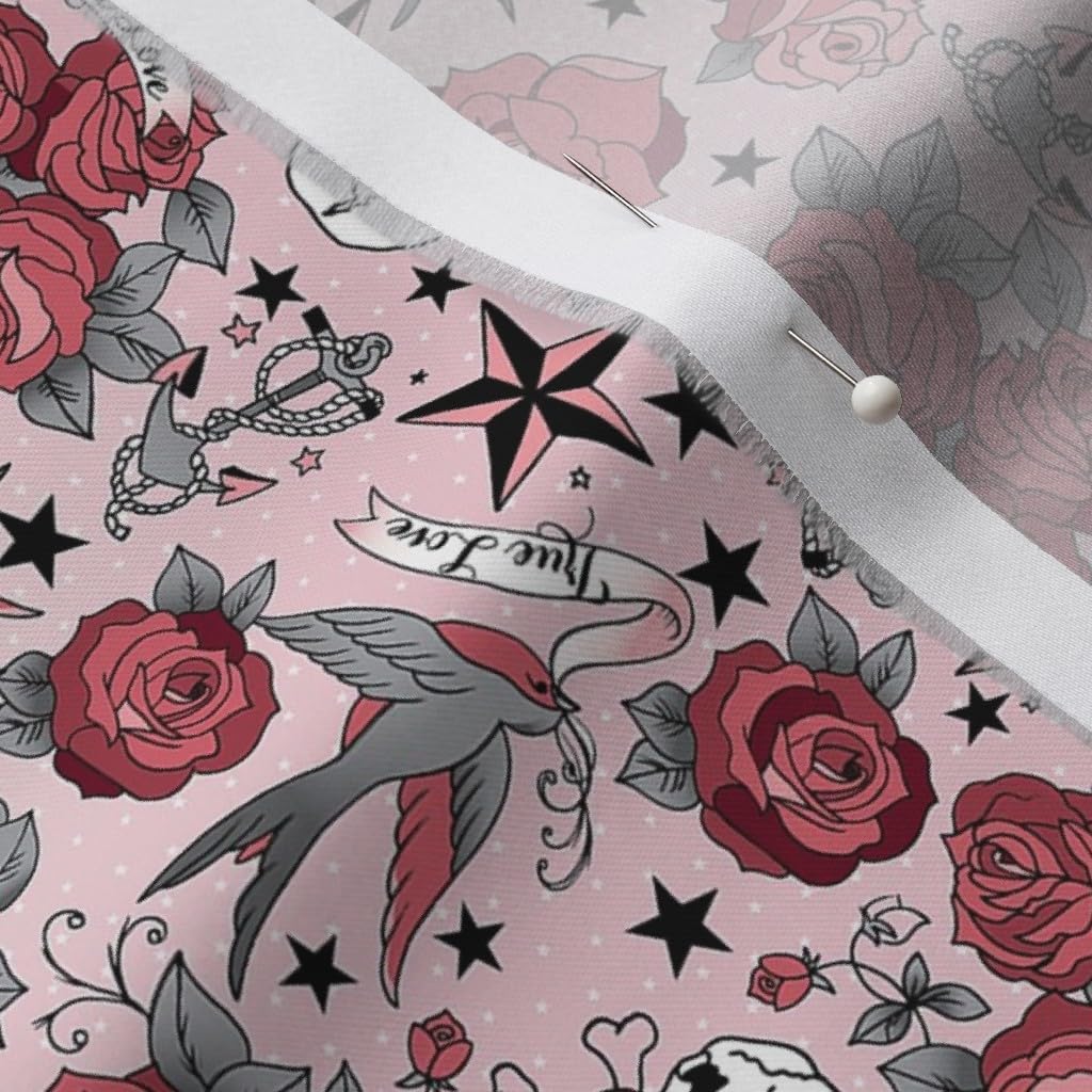 Spoonflower Fabric - Tiny Girly Tattoo Rotated Pink Skull Roses Printed on Organic Cotton Sateen Fabric by The Yard - Sewing Quilting Apparel Home Decor