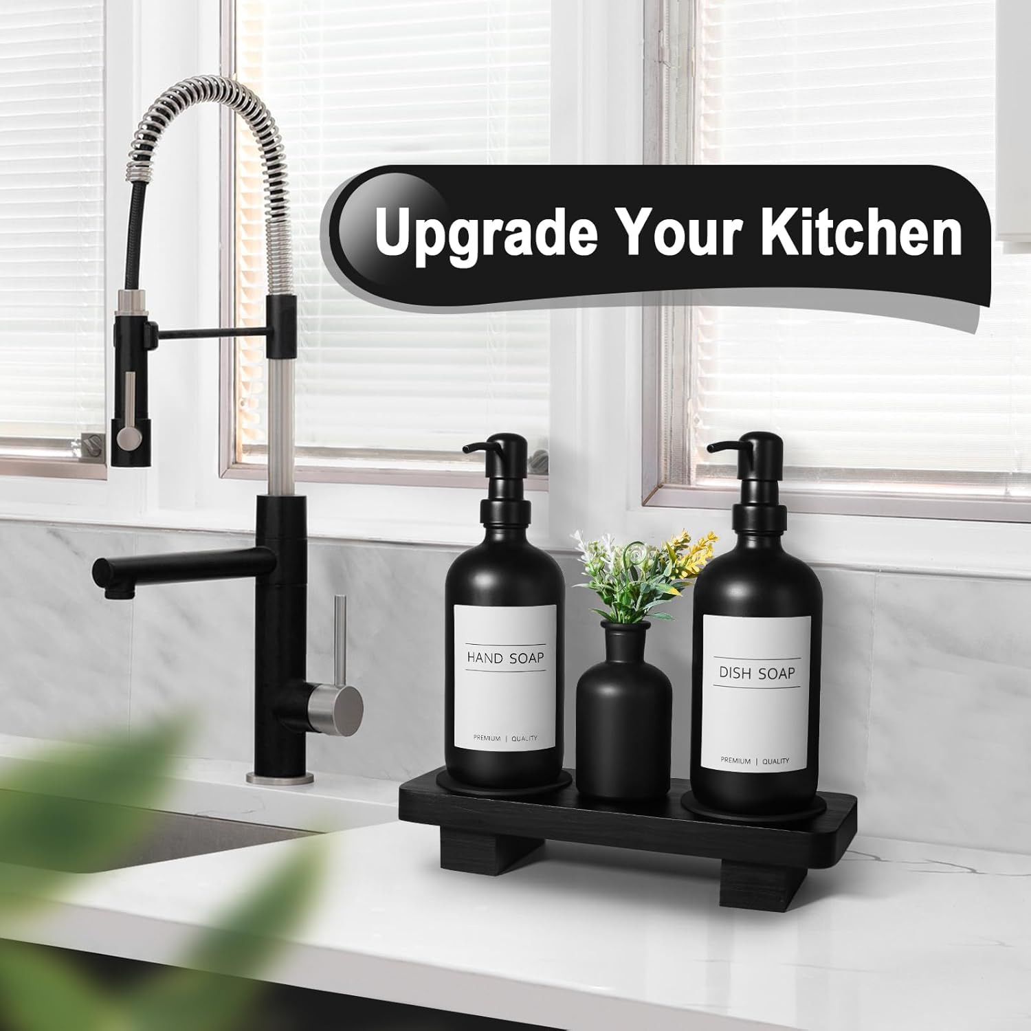 Dish Soap Dispenser for Kitchen, Black Hand Soap Dispenser with Stainless Steel Pump, Kitchen Soap Dispenser Set with Wood Riser Tray, Matte Black Bathroom Soap Dispenser Set Bathroom Decor - Image 5