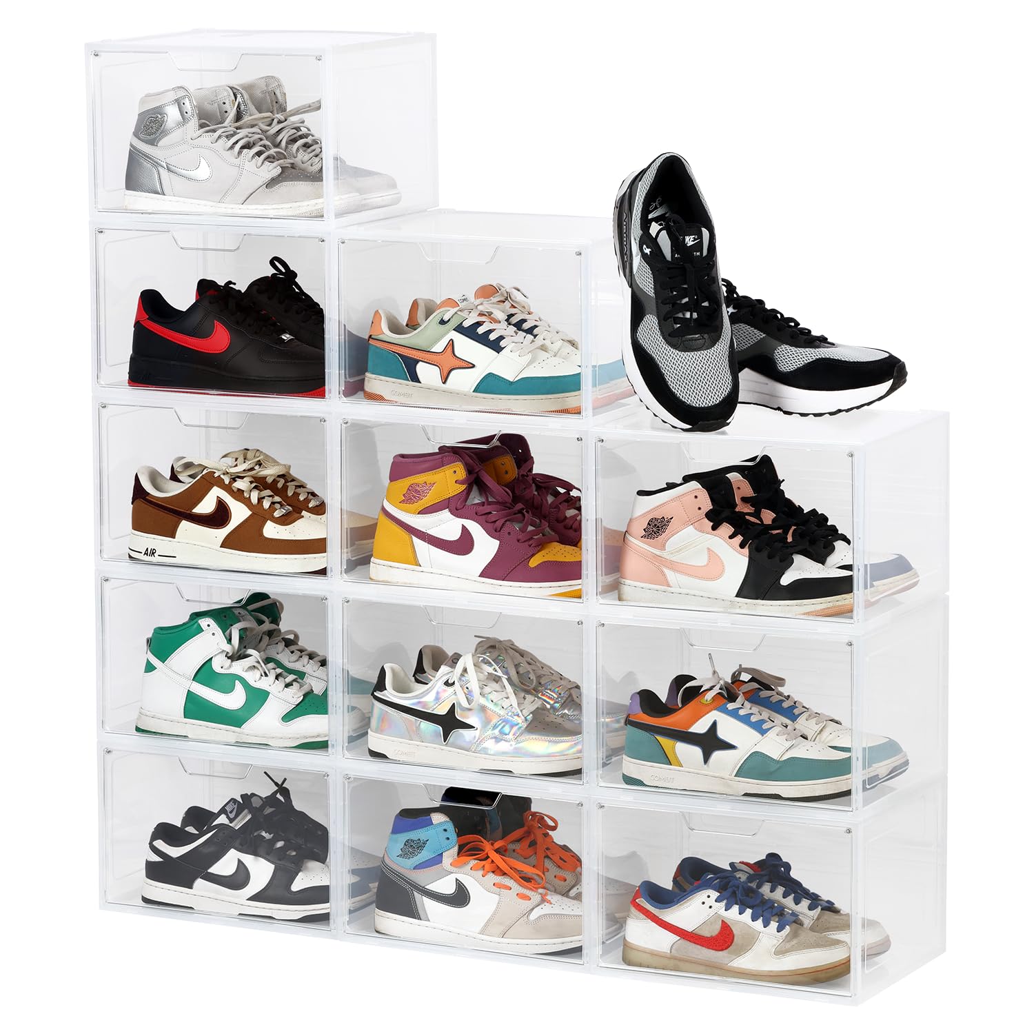 Primalite HEAVY-DUTY Shoe Crates Storage Box-12 Pack with DROP-SIDE Display Magnetic Door, THICKEN & STURDY HARD Plastic Stackable Rectangular Container SNEAKER Boxes | Fits Upto US: 13- CLEAR-image-49