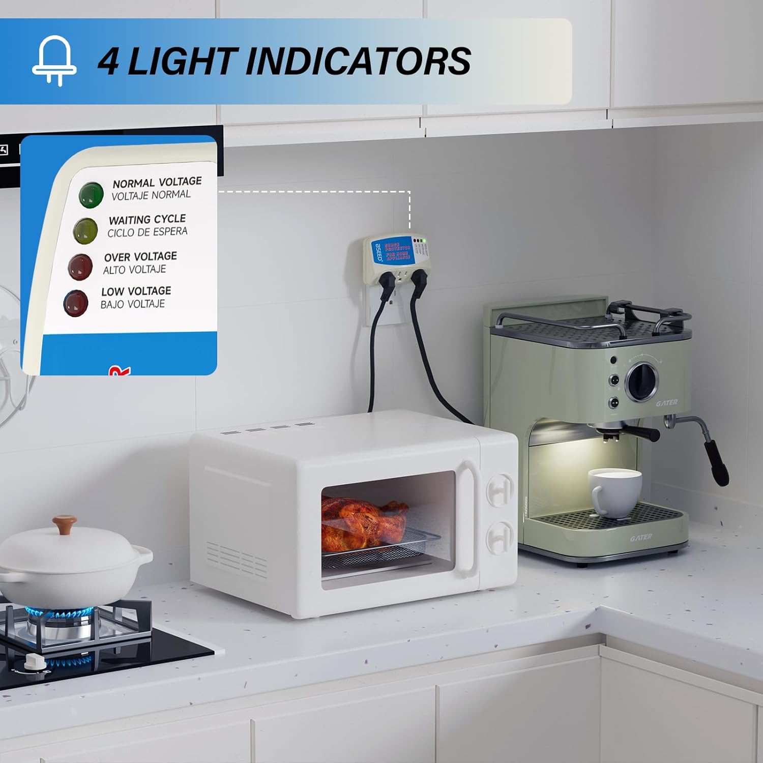 Close-up of the BSEED Voltage Protector's LED indicators showing Normal Voltage, Plis pase Voltage, Low Voltage, and Waiting Cycle