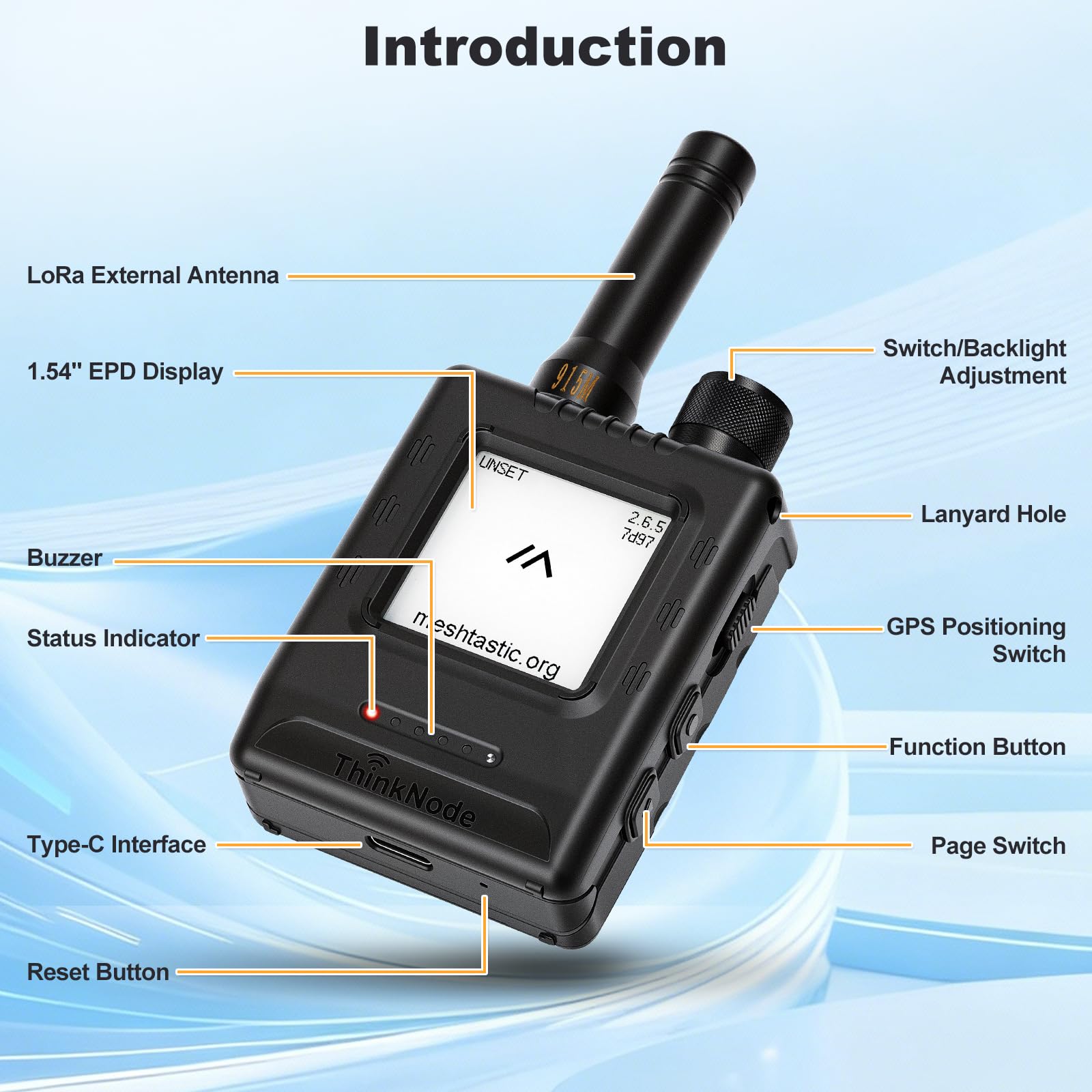 ThinkNode M1 LoRa Meshtastic Appareil intégré avec GPS Bluetooth SX1262 nRF52840 Écran E-Ink 1,54" Antenne 915 MHz Batterie 1200 mAh Interface RTC Type-C Bouton multifonction